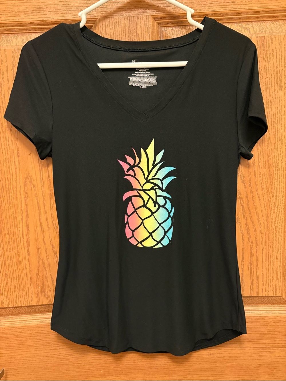 No Boundaries Black V-Neck Tee with Rainbow Pineapple